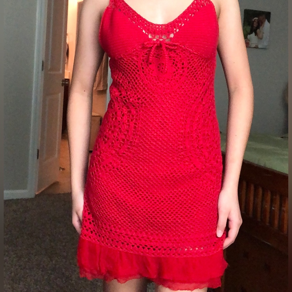 Free People Red Crochet Mini Dress With Ruffle Bottom Size Small